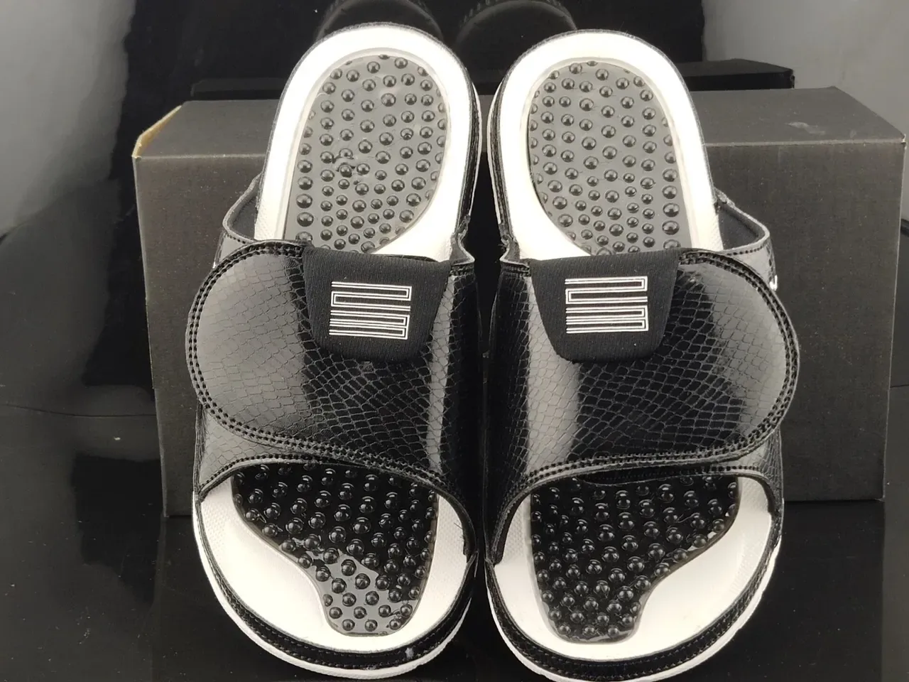 Air Jordan Slide Black Glossy Snakeskin Textured Strap Slipper 5