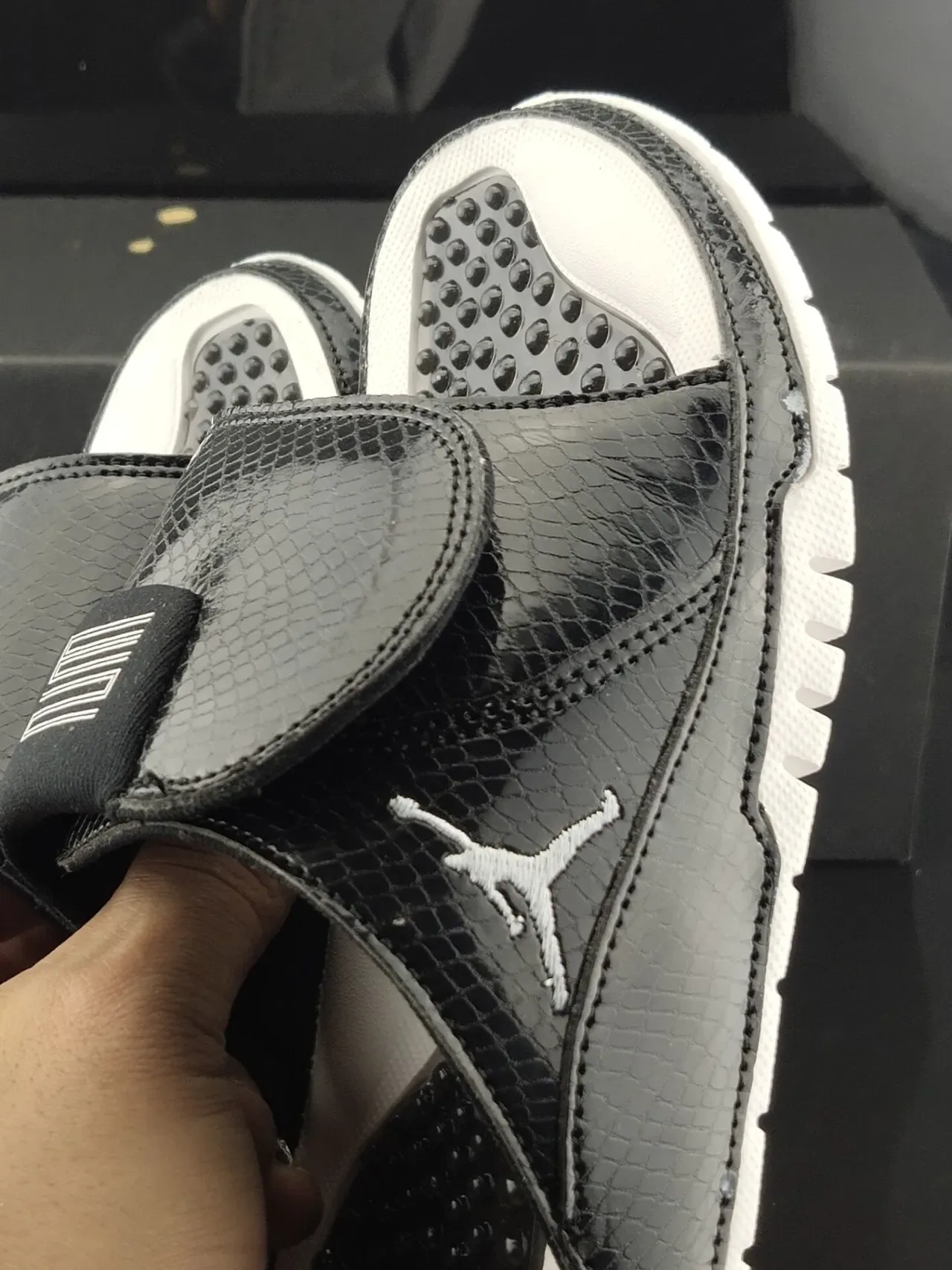 Air Jordan Slide Black Glossy Snakeskin Textured Strap Slipper 6