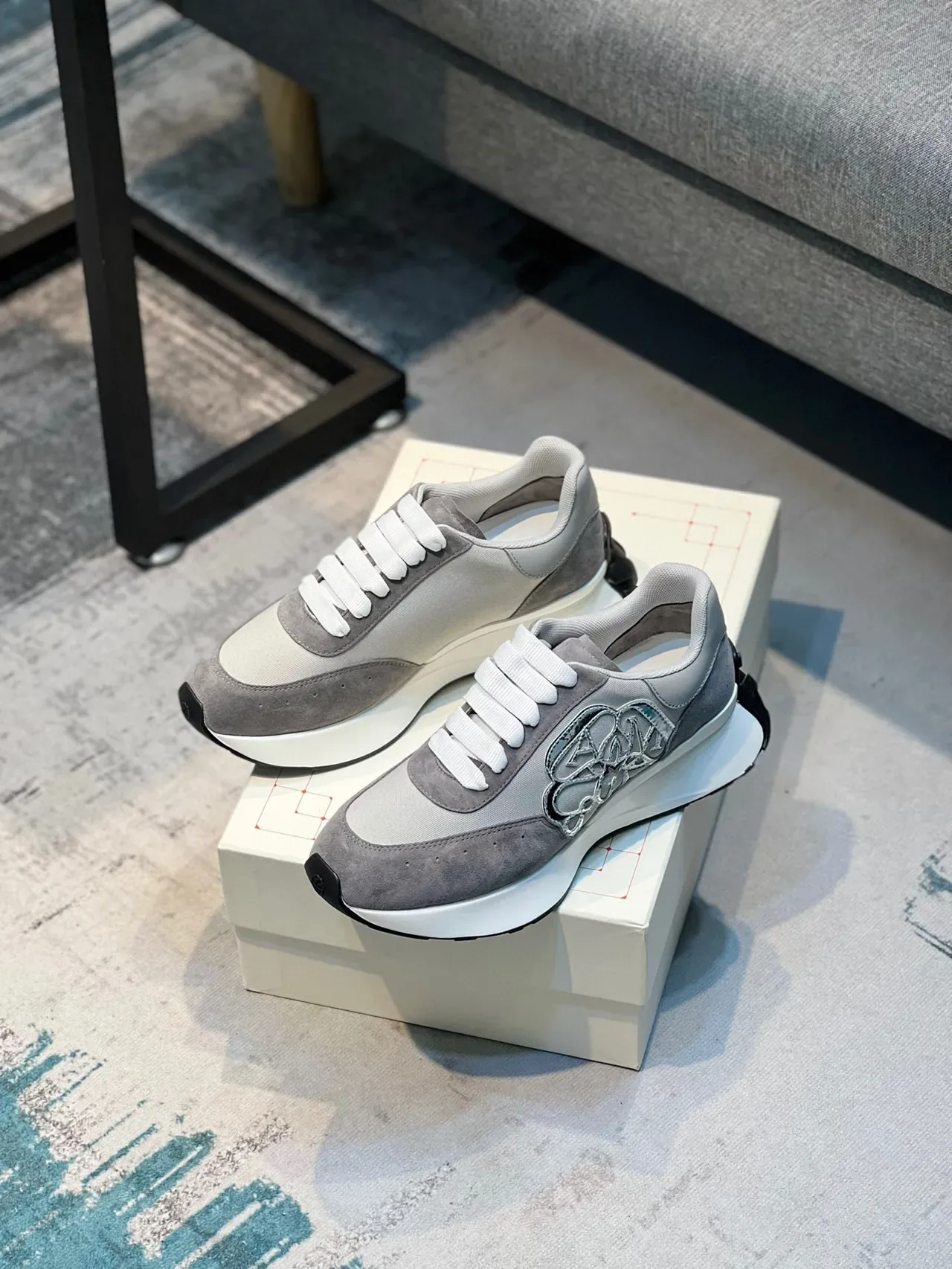 Alexander McQueen Oversized Sneaker Gray Suede Metallic Logo Lifestyle Sneakers 8