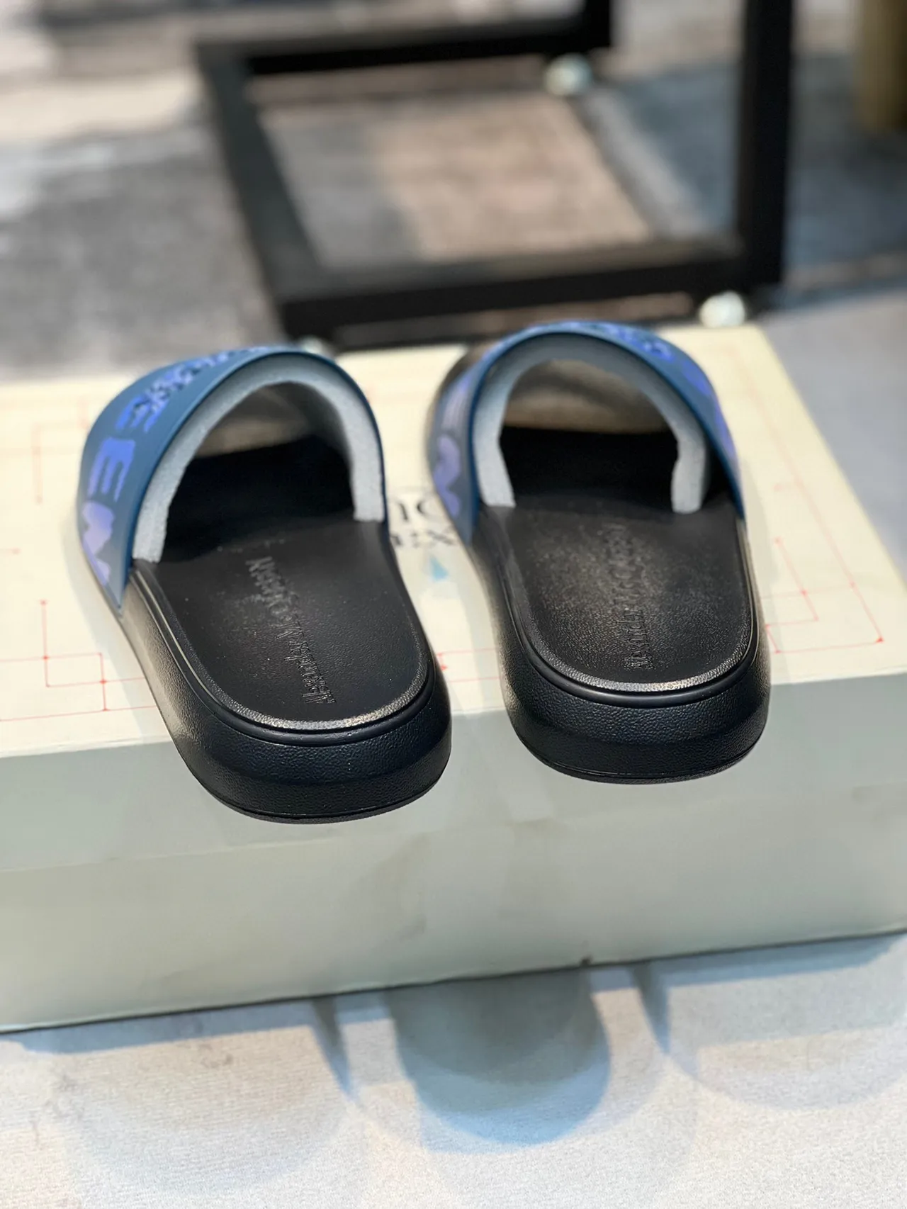 Alexander McQueen Slide Black and Blue Graphic Strap Slippers 2