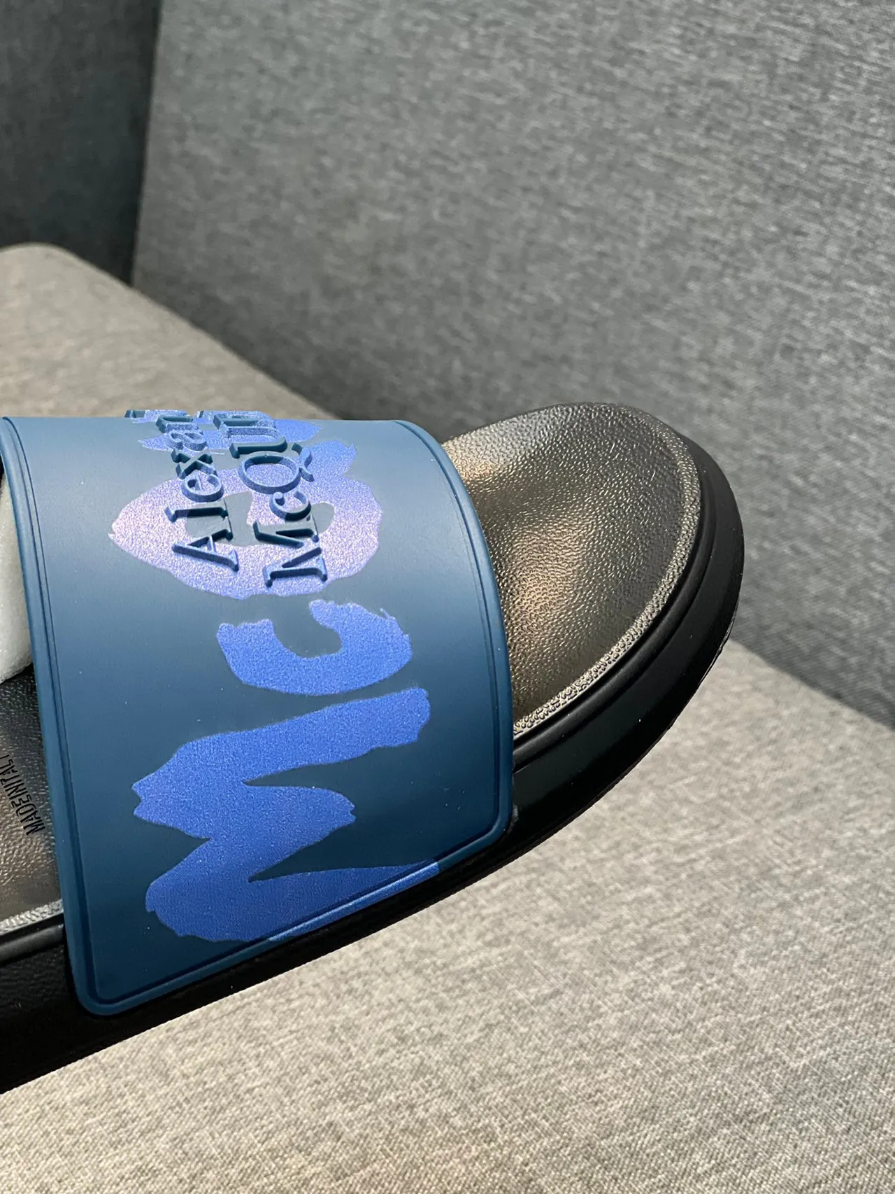 Alexander McQueen Slide Black and Blue Graphic Strap Slippers 3