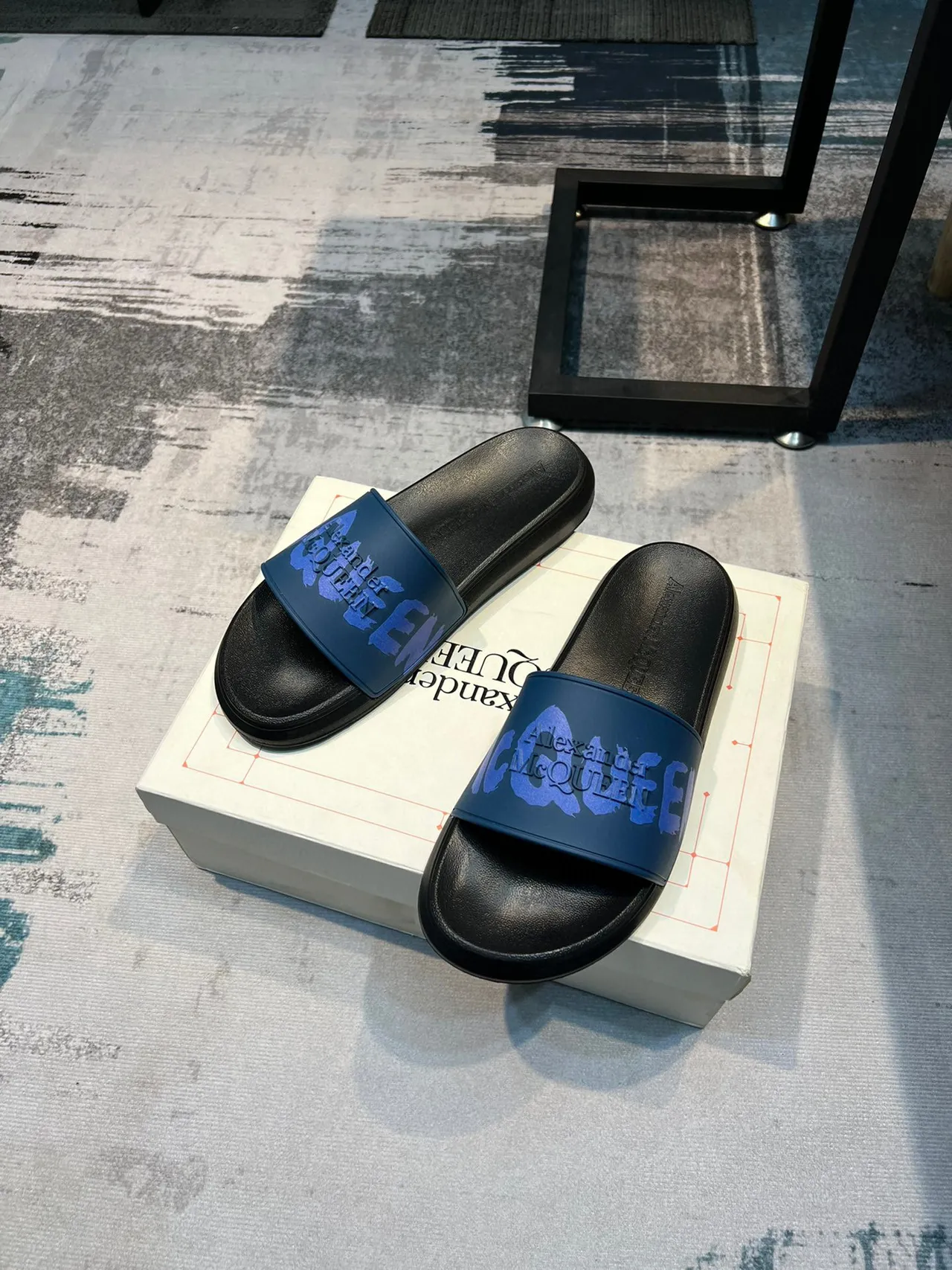 Alexander McQueen Slide Black and Blue Graphic Strap Slippers 5