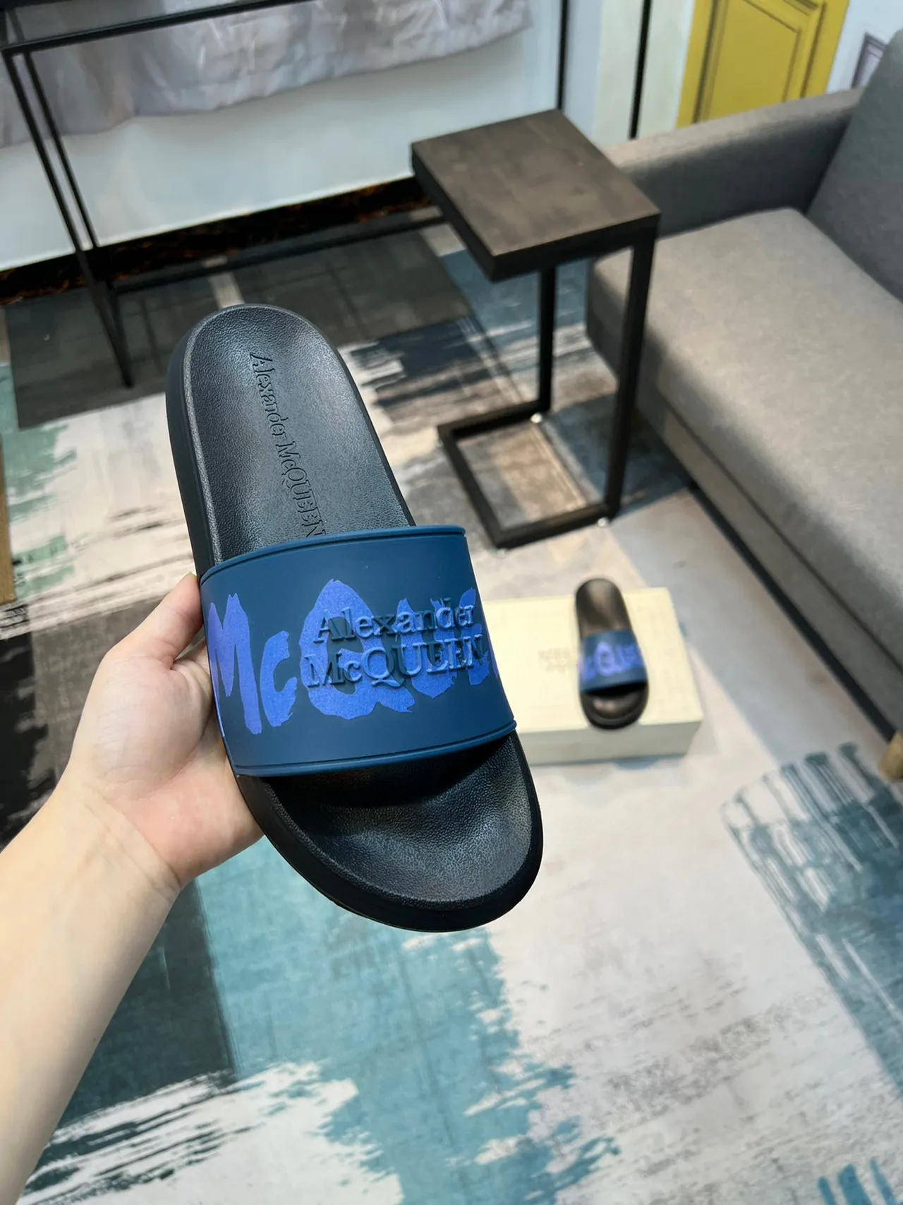 Alexander McQueen Slide Black and Blue Graphic Strap Slippers 6
