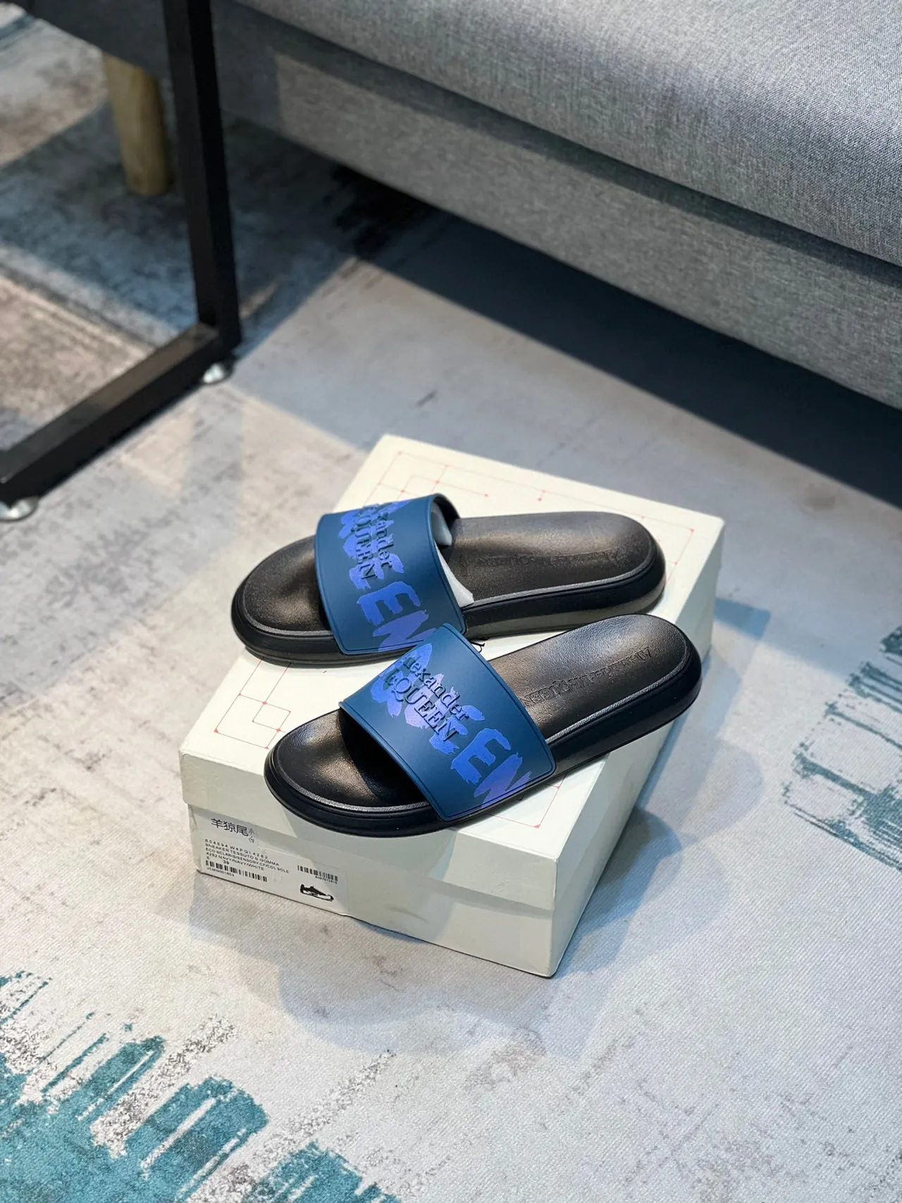 Alexander McQueen Slide Black and Blue Graphic Strap Slippers 7
