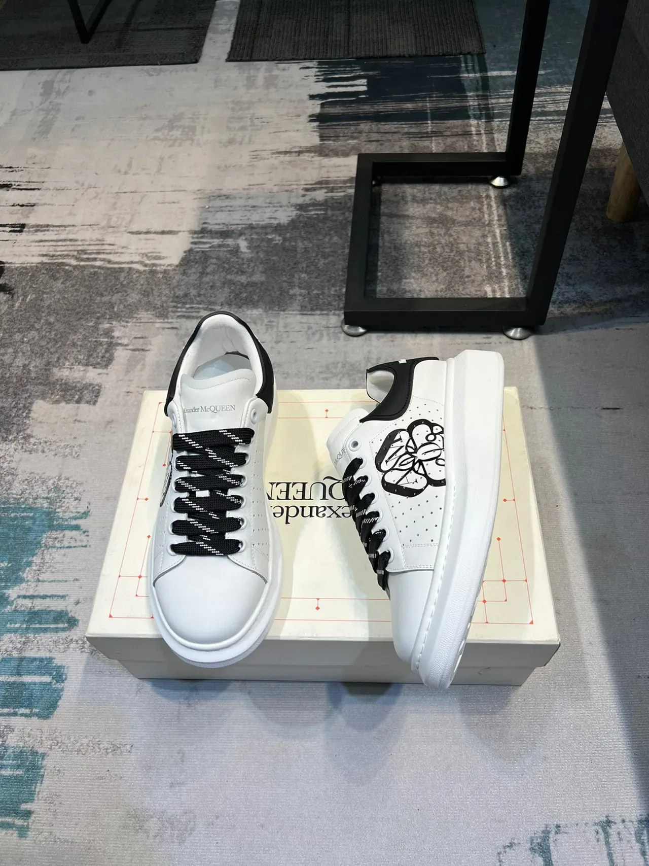 Alexander McQueen White Black Oversized Platform Sole Perforated Leather Upper Lifestyle Sneakers 4