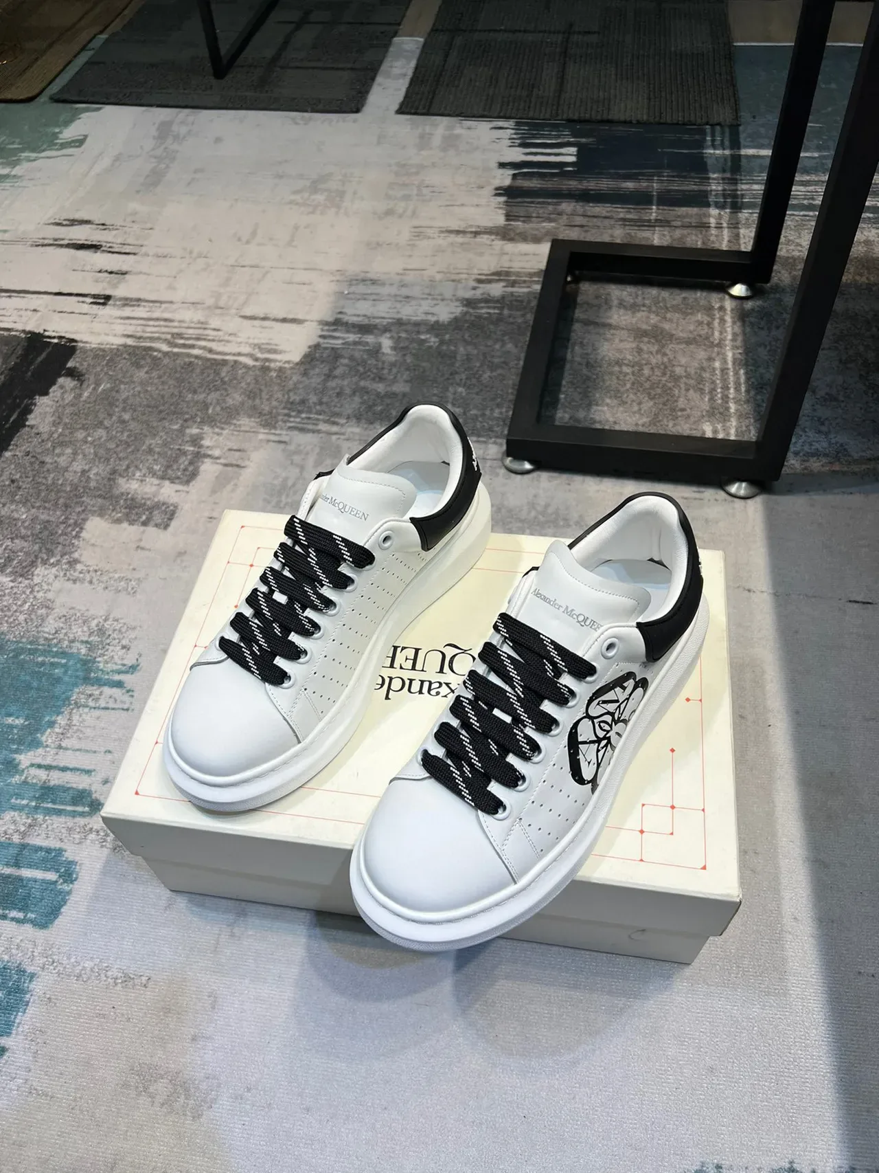 Alexander McQueen White Black Oversized Platform Sole Perforated Leather Upper Lifestyle Sneakers 5