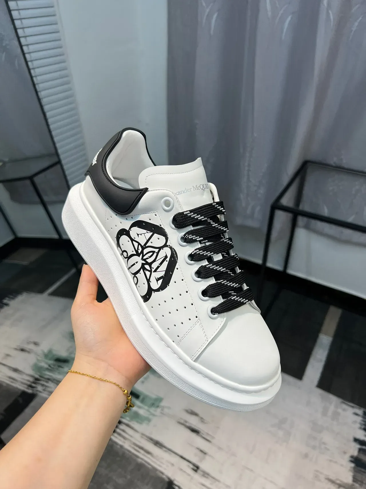 Alexander McQueen White Black Oversized Platform Sole Perforated Leather Upper Lifestyle Sneakers 6
