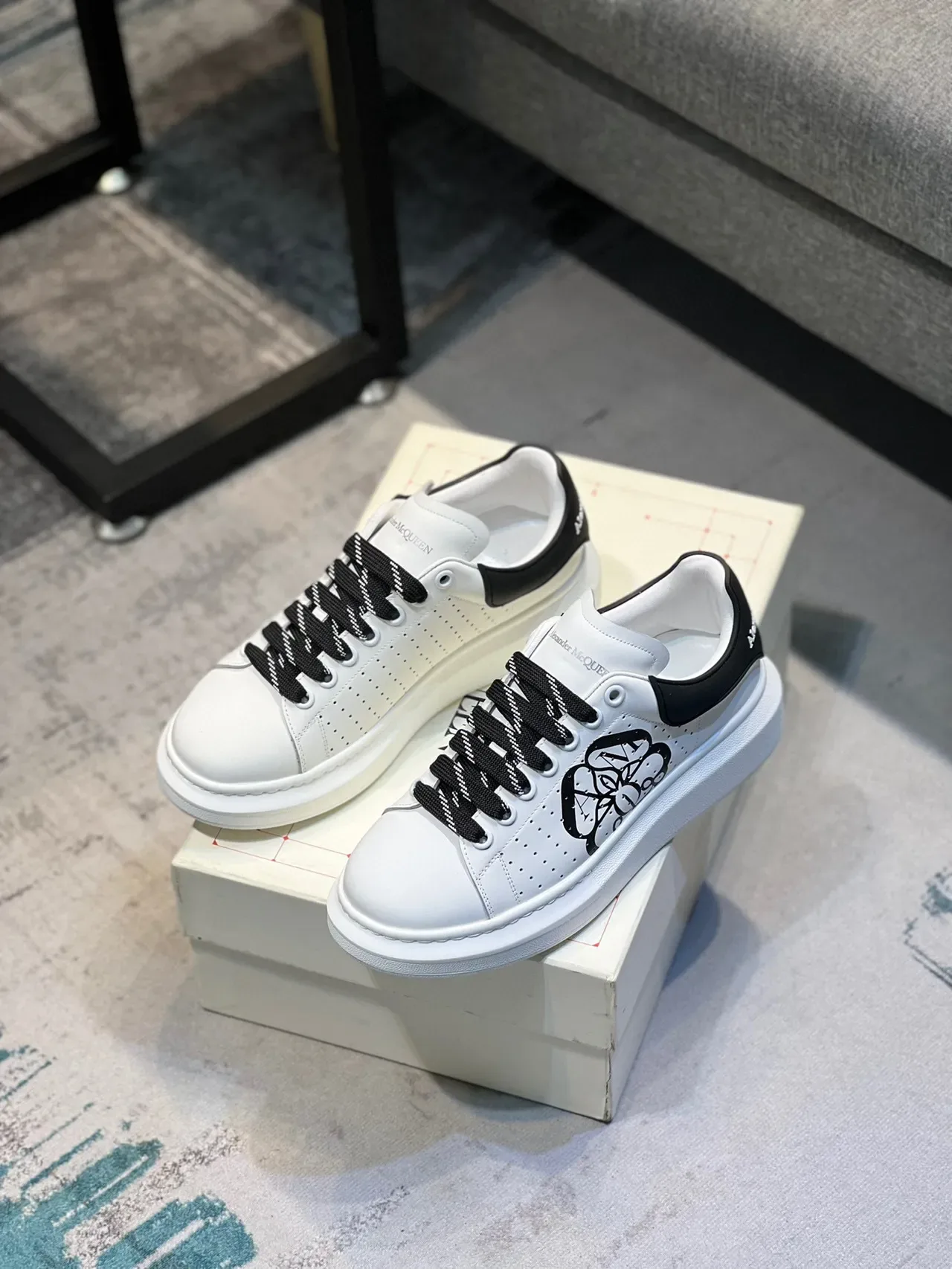 Alexander McQueen White Black Oversized Platform Sole Perforated Leather Upper Lifestyle Sneakers 7