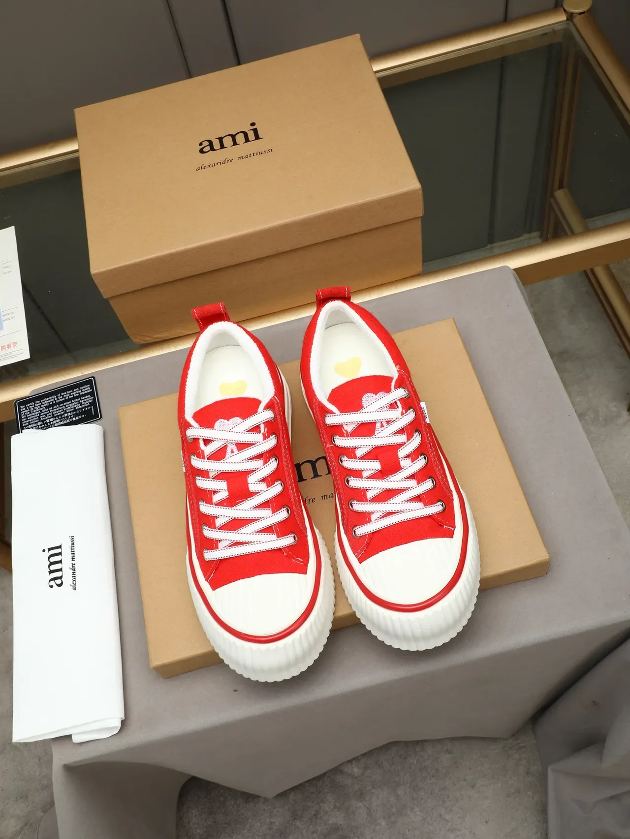 AMI Paris Platform Sneakers Red White Low-Top Suede Upper Lifestyle Sneakers 3