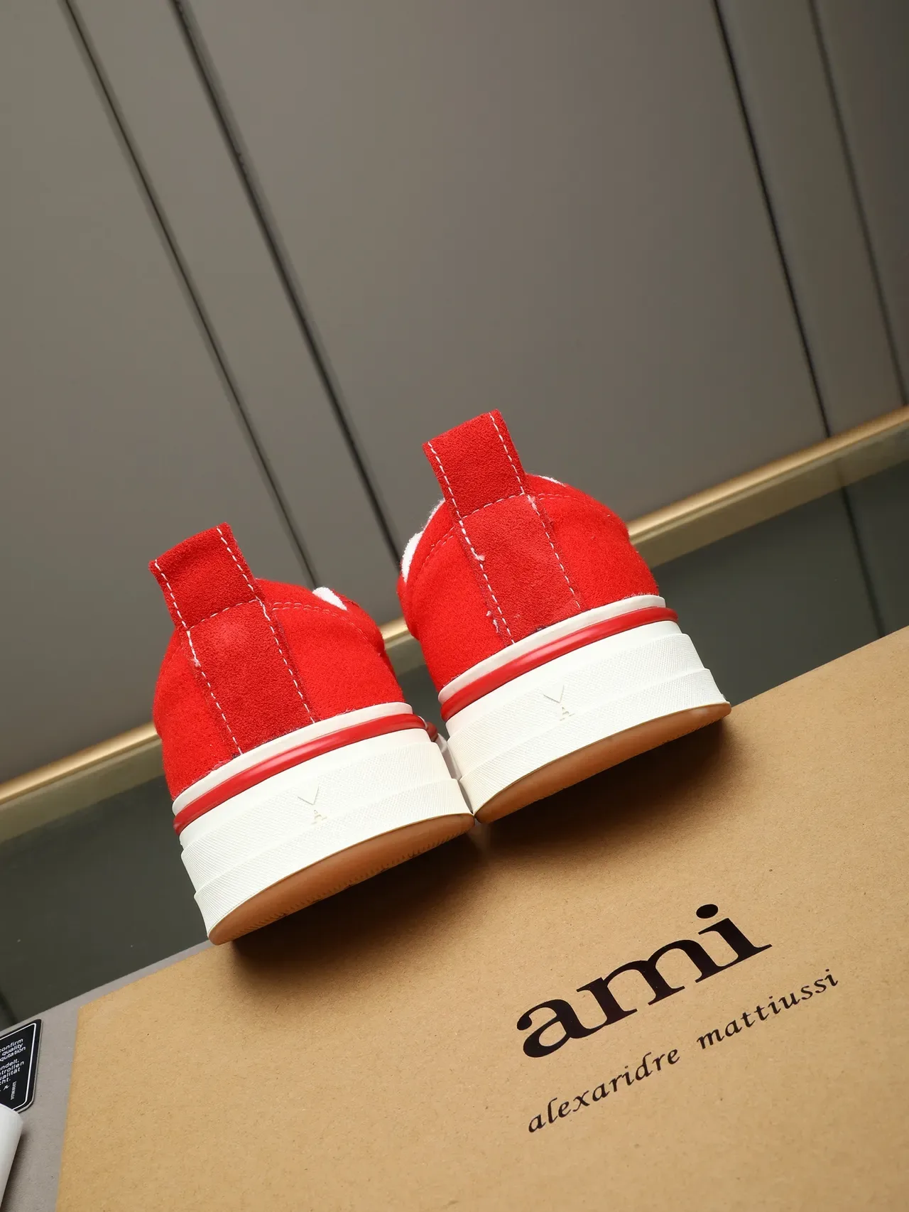 AMI Paris Platform Sneakers Red White Low-Top Suede Upper Lifestyle Sneakers 4