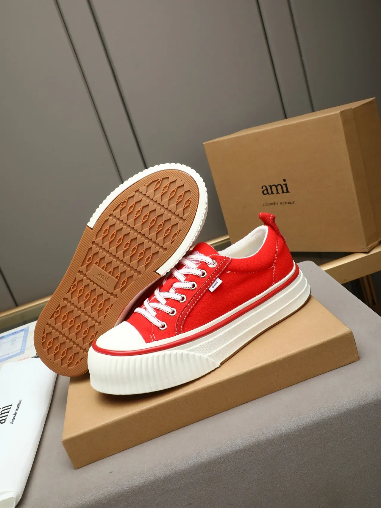 AMI Paris Platform Sneakers Red White Low-Top Suede Upper Lifestyle Sneakers 5