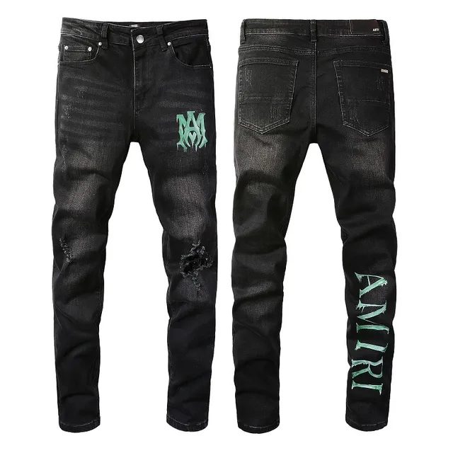 Amiri impression graphique distressed jeans en denim noir 14