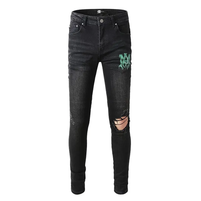 Amiri impression graphique distressed jeans en denim noir 19