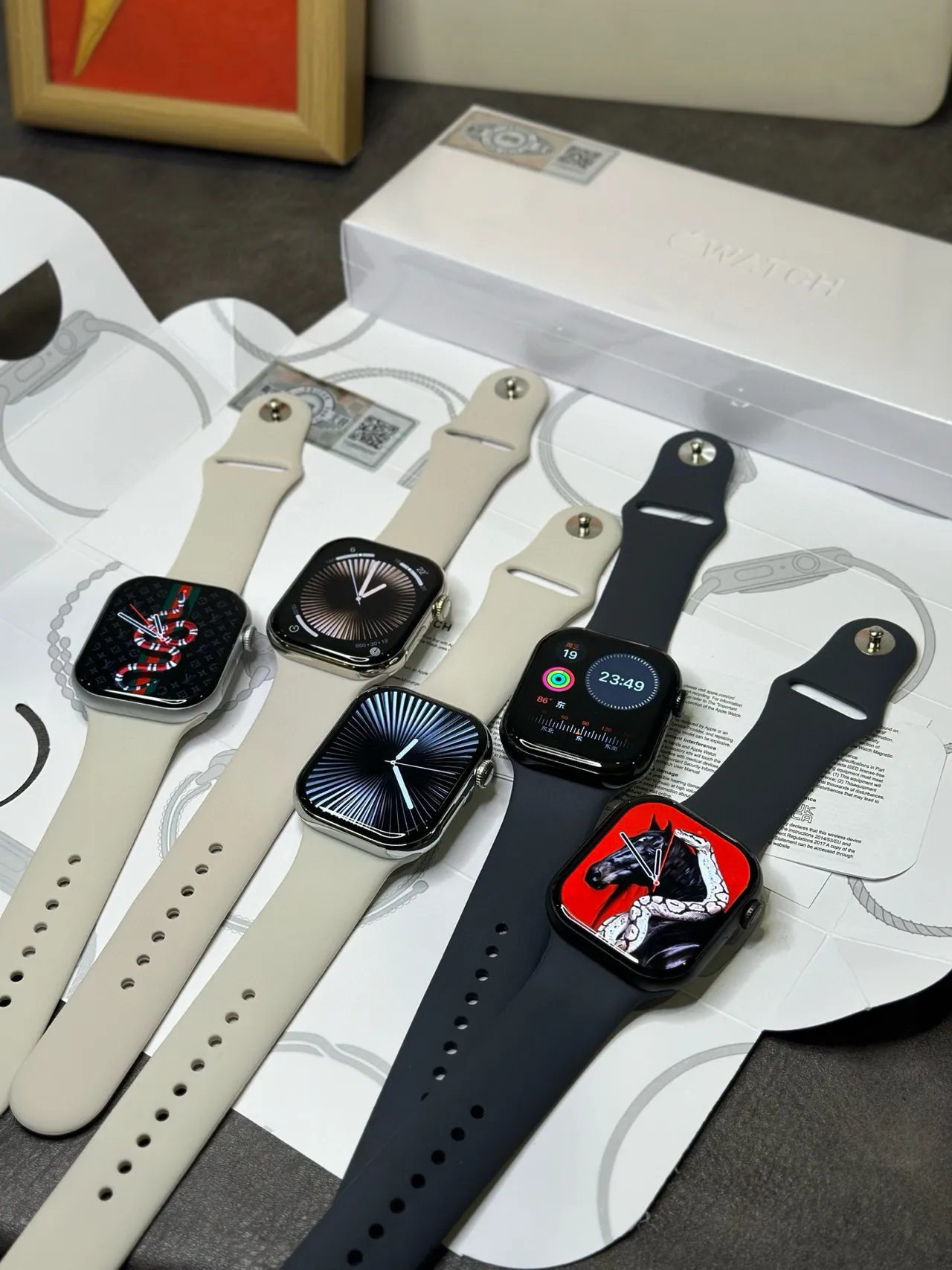 Apple Argent Beige Biseau Plat Étui en Acier Inoxydable Écran Noir Montre Sport 12