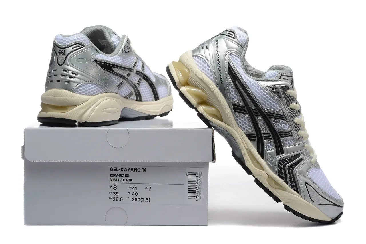 ASICS Gel-Kayano Silver Black Metallic Synthetic Overlays White Engineered Mesh Running Shoes 6