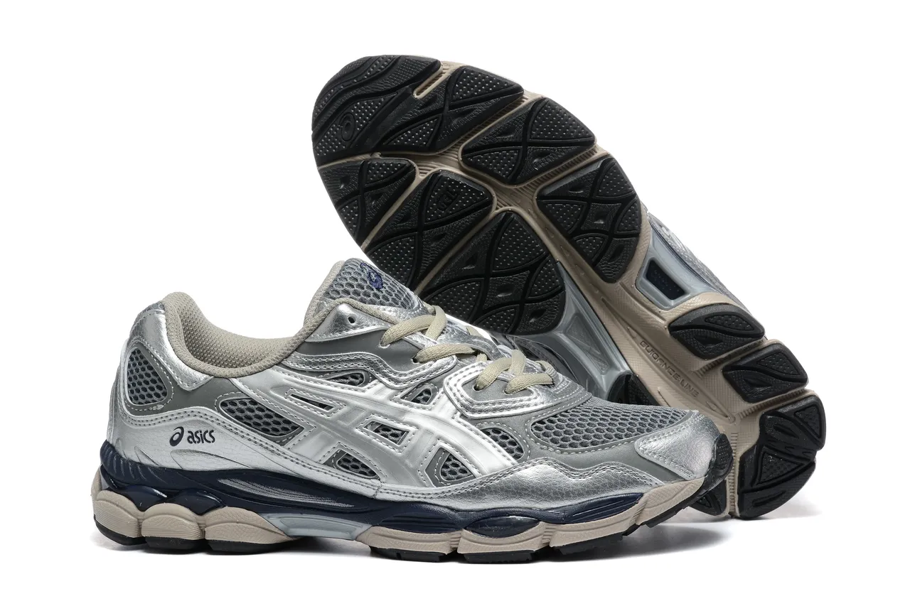 ASICS فضي بحري معدني جلد صناعي أزرق لمسة وسيطة أحذية جري 4