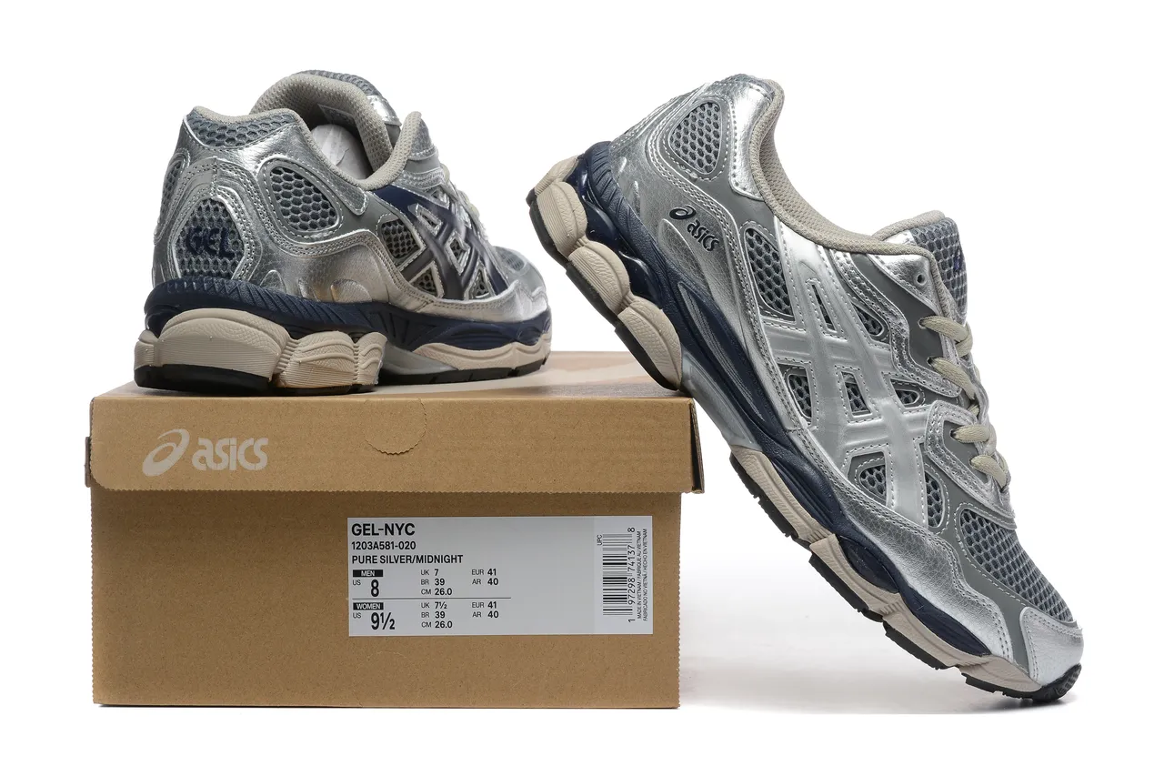 ASICS فضي بحري معدني جلد صناعي أزرق لمسة وسيطة أحذية جري 6