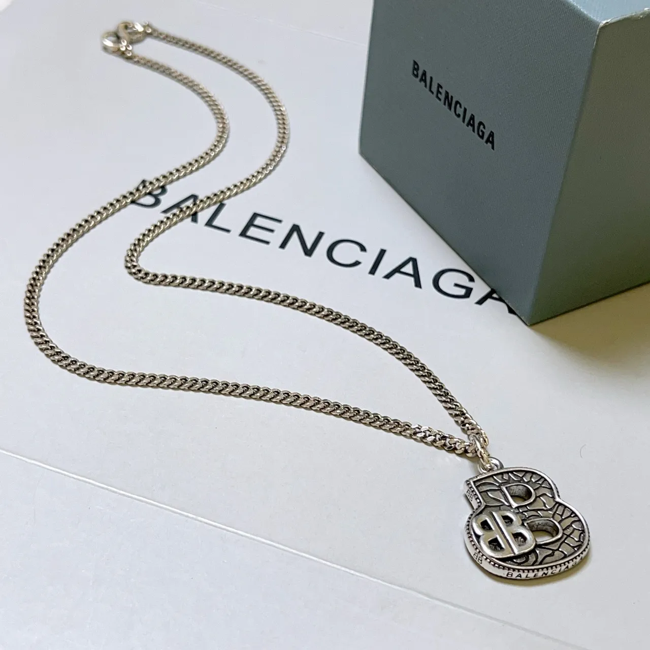 Balenciaga B-Motif Engraved Silver Chain Necklace 3