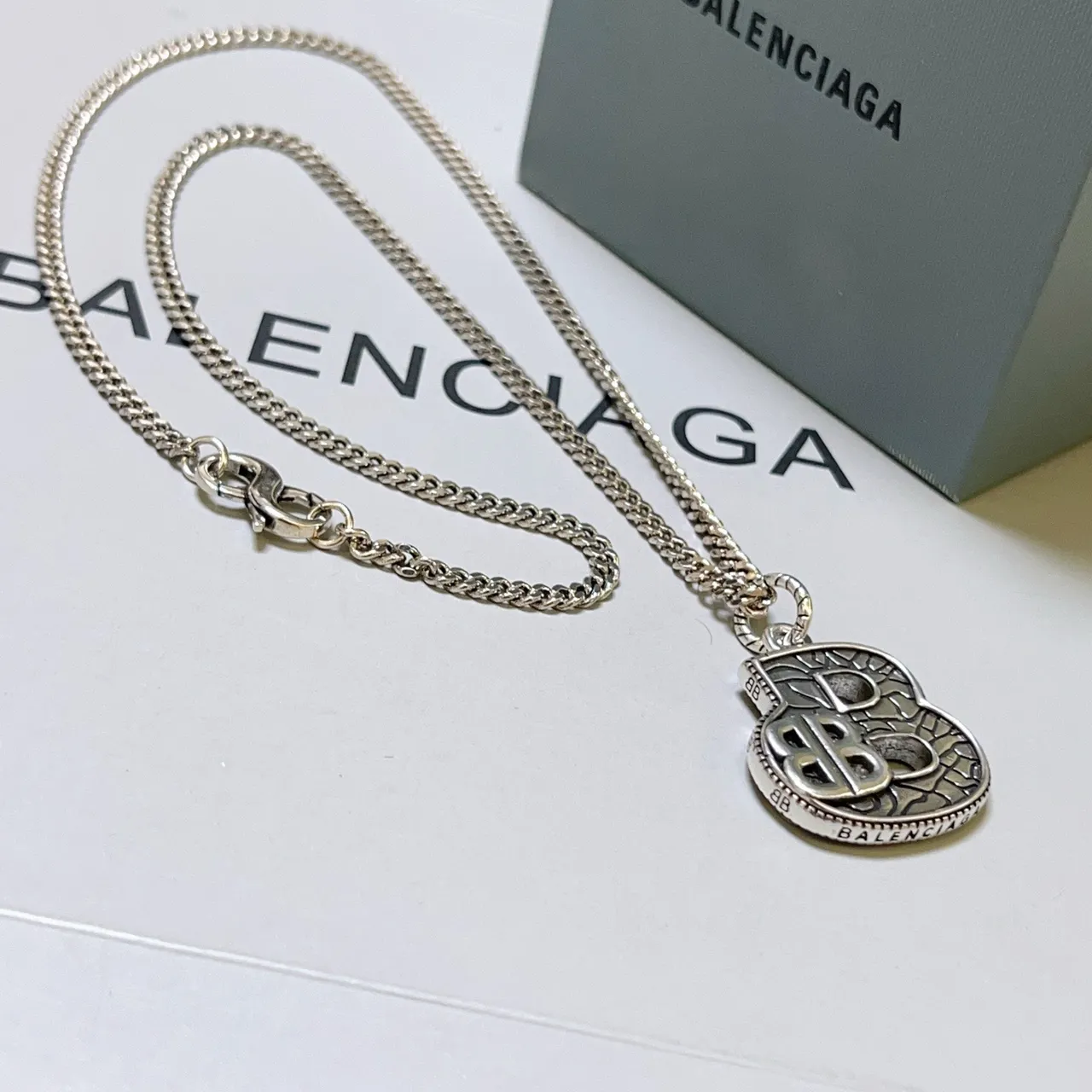 Balenciaga B-Motif Engraved Silver Chain Necklace 5
