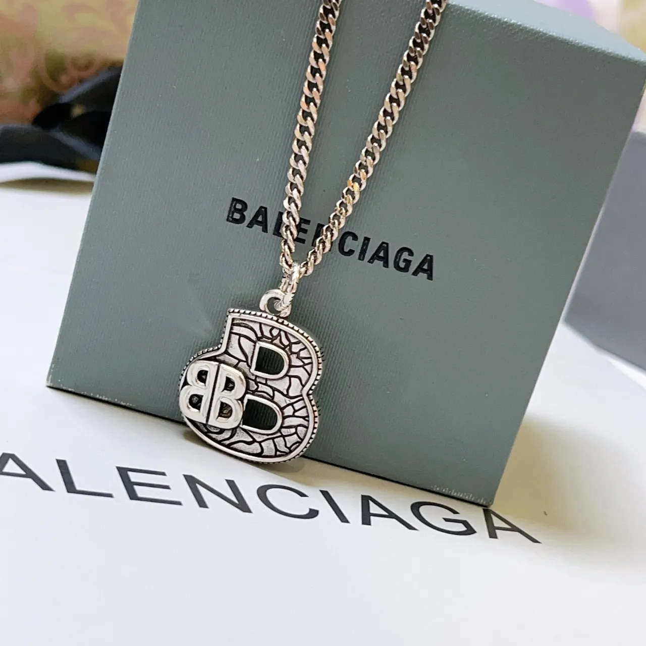 Balenciaga B-Motif Engraved Silver Chain Necklace 6