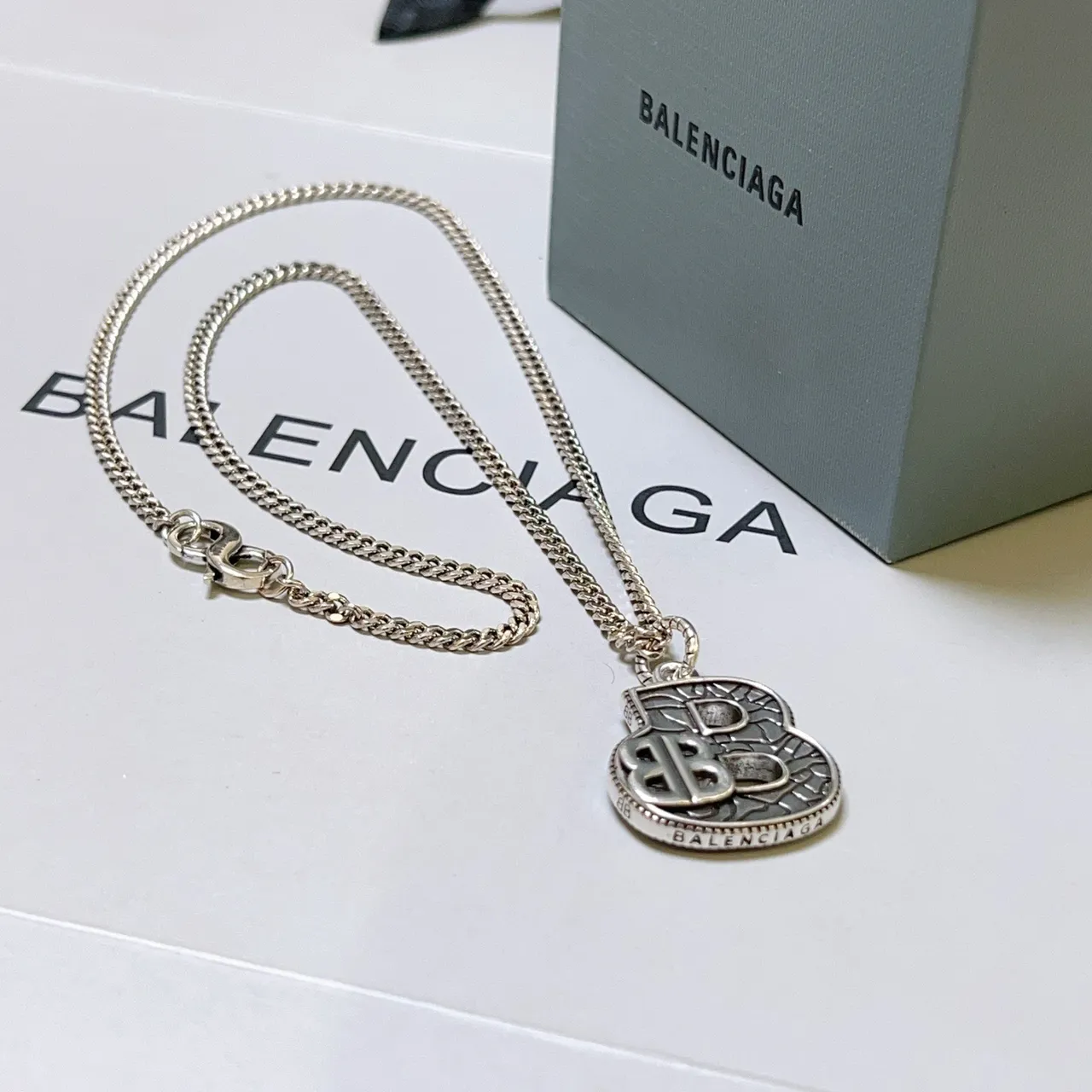 Balenciaga B-Motif Engraved Silver Chain Necklace 7