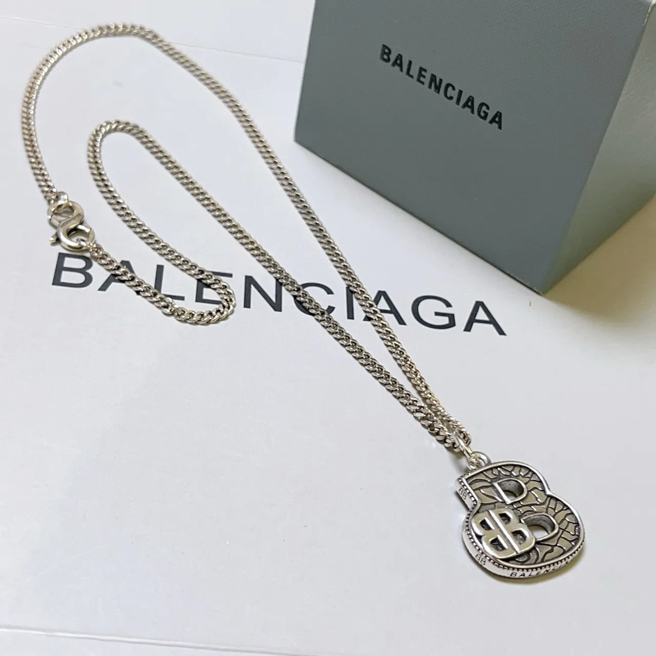 Balenciaga B-Motif Engraved Silver Chain Necklace 8