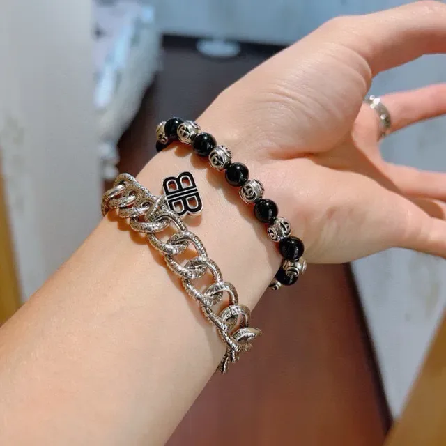 Balenciaga BB Chain Engraved Curb-Link Silver Bracelet 4
