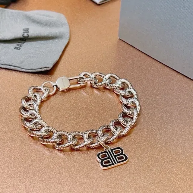 Balenciaga BB Chain Engraved Curb-Link Silver Bracelet 8
