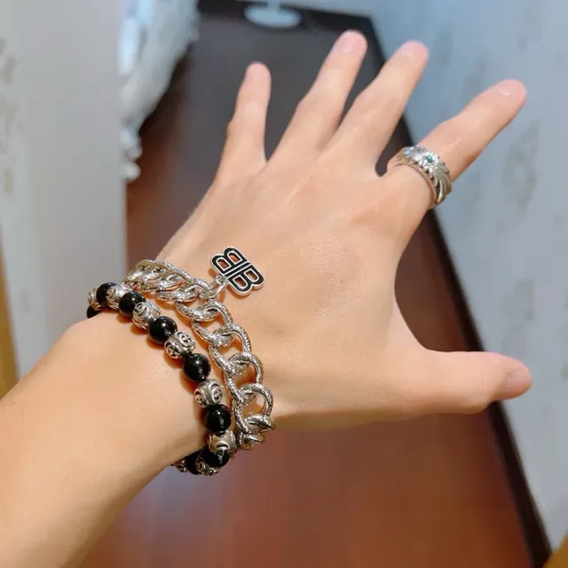 Balenciaga BB Chain Engraved Curb-Link Silver Bracelet 9