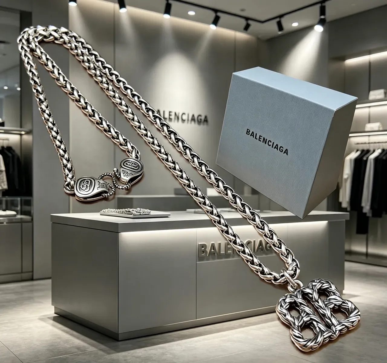 Collier Balenciaga BB Chain Argent Chunky Curb-Link Sculpted Interlocking Pendant 9