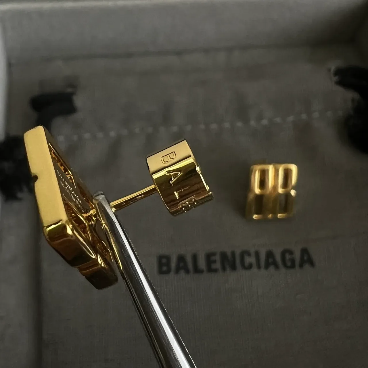 Balenciaga BB Logo Gold-Tone Rectangular Stud Earrings 2