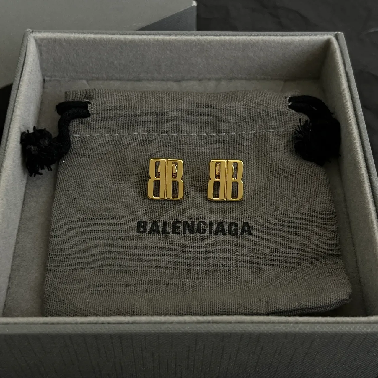Balenciaga BB Logo Gold-Tone Rectangular Stud Earrings 5