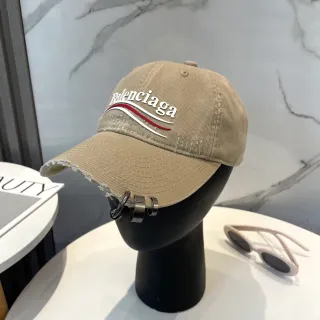 Balenciaga Beige Red Distressed Cotton Frayed Brim Baseball Cap