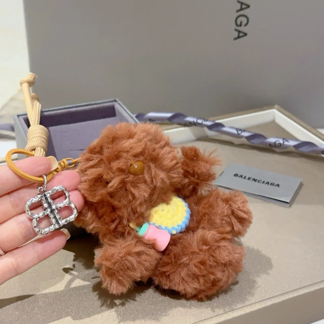 Balenciaga Brown Beige Plush Teddy Bear Knitted Bib Crossbody Bag 4