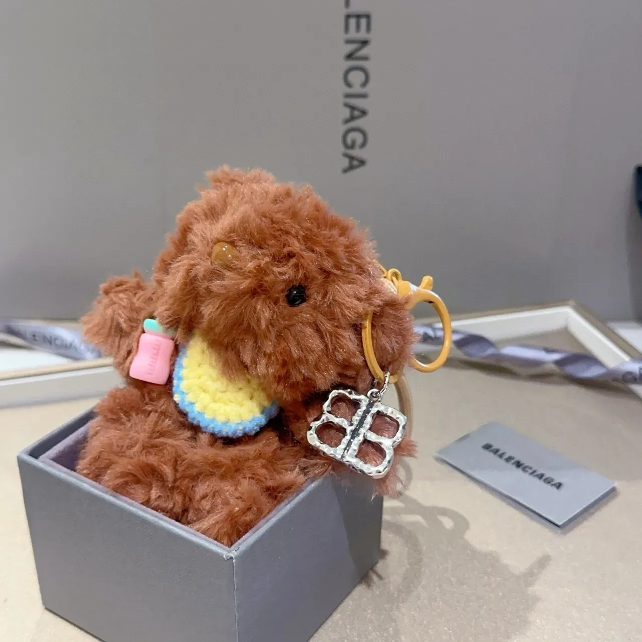 Balenciaga Brown Beige Plush Teddy Bear Knitted Bib Crossbody Bag 6