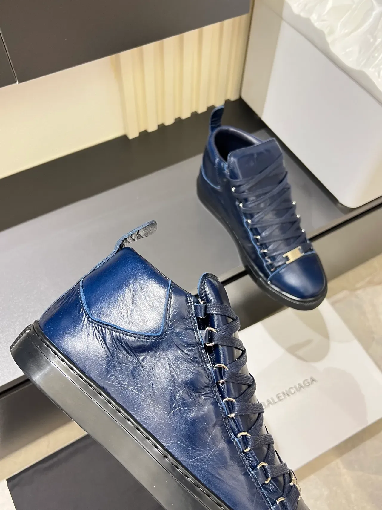 Balenciaga Navy Black High-Top Crinkled Leather Lifestyle Sneakers 3