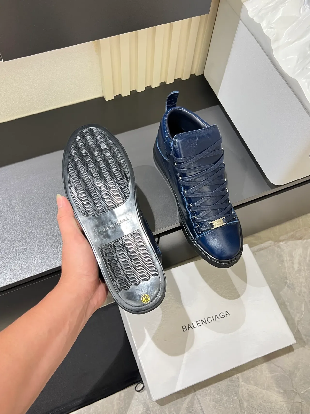 Balenciaga Navy Black High-Top Crinkled Leather Lifestyle Sneakers 4