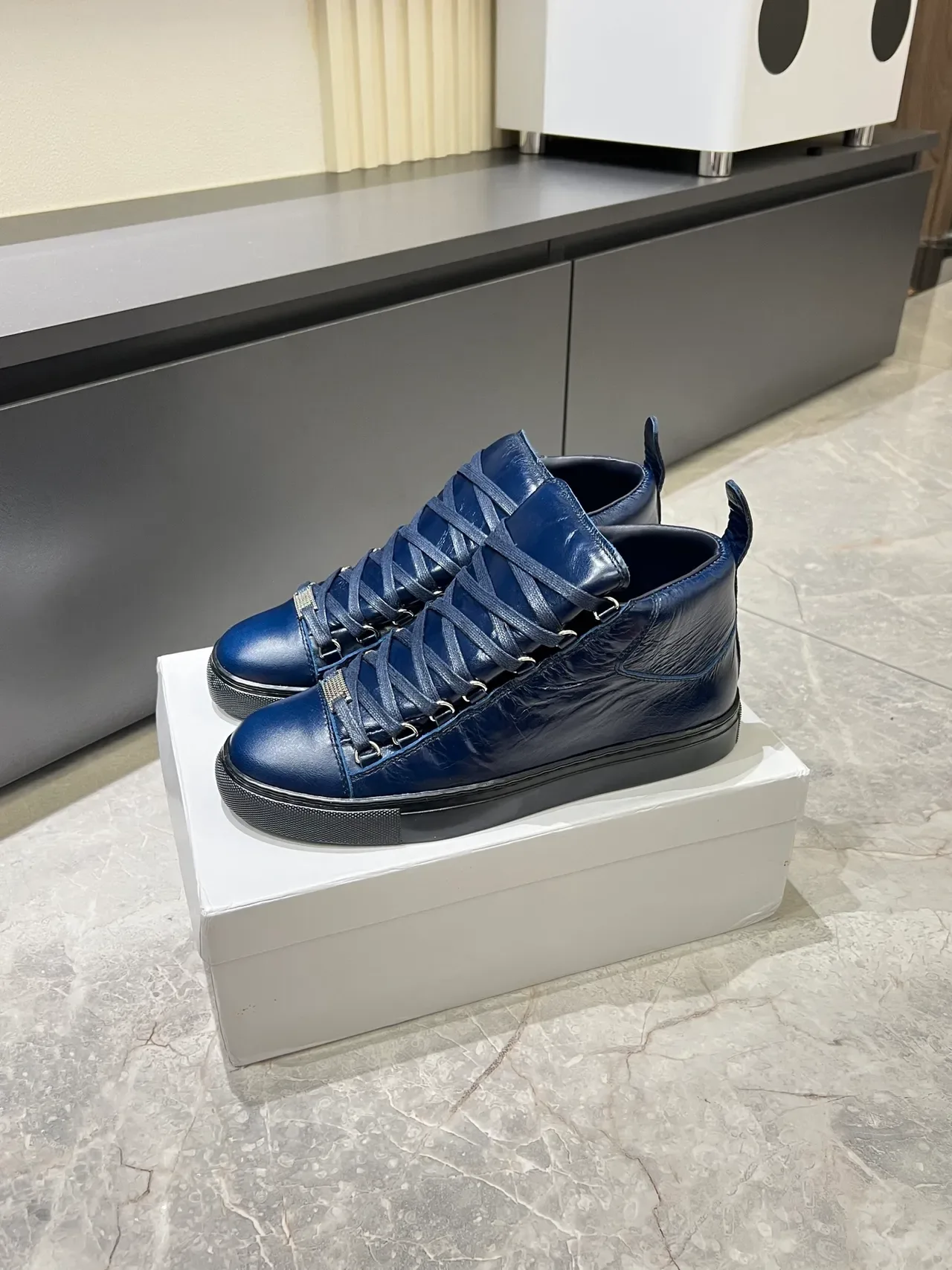 Balenciaga Navy Black High-Top Crinkled Leather Lifestyle Sneakers 5