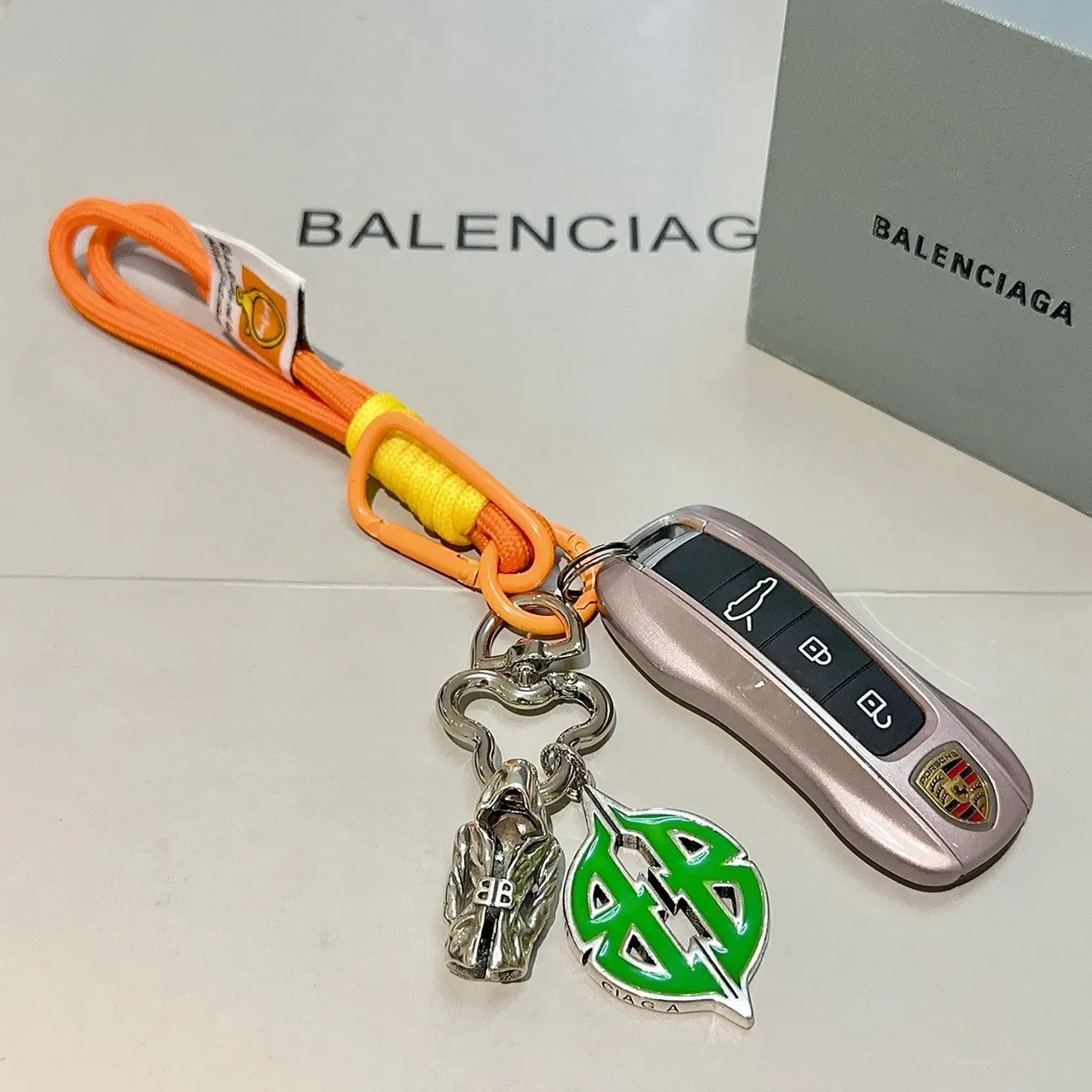 Balenciaga Orange Green Cord Lanyard Enamel Charm Jewelry 6