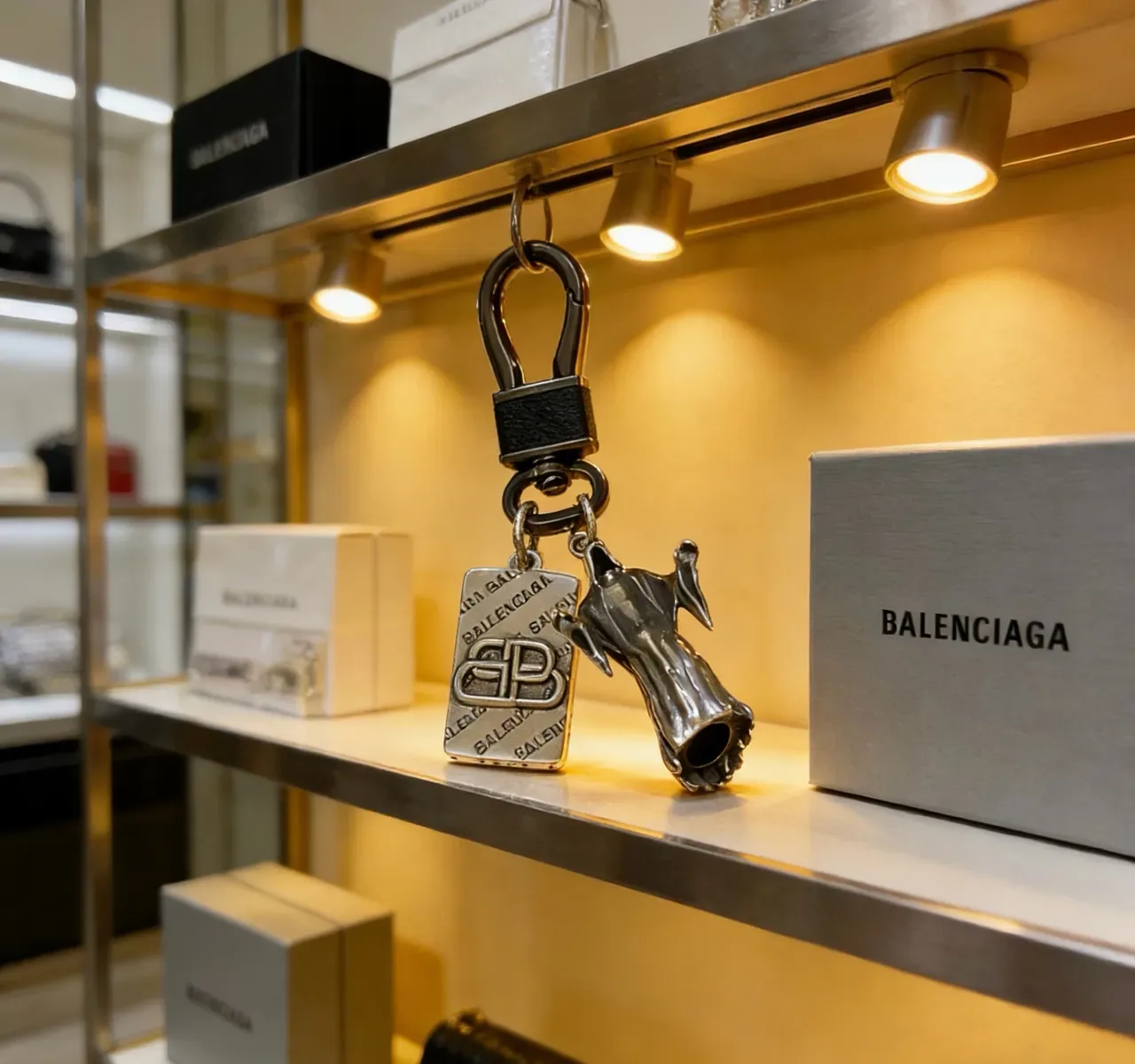 Balenciaga Sculptural Hand and BB Logo Keychain Silver Black Charm Engraved Tag Jewelry 1