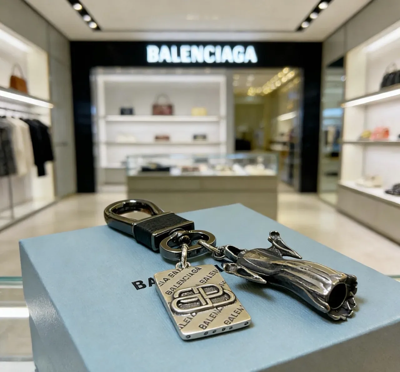 Balenciaga Sculptural Hand and BB Logo Keychain Silver Black Charm Engraved Tag Jewelry 2