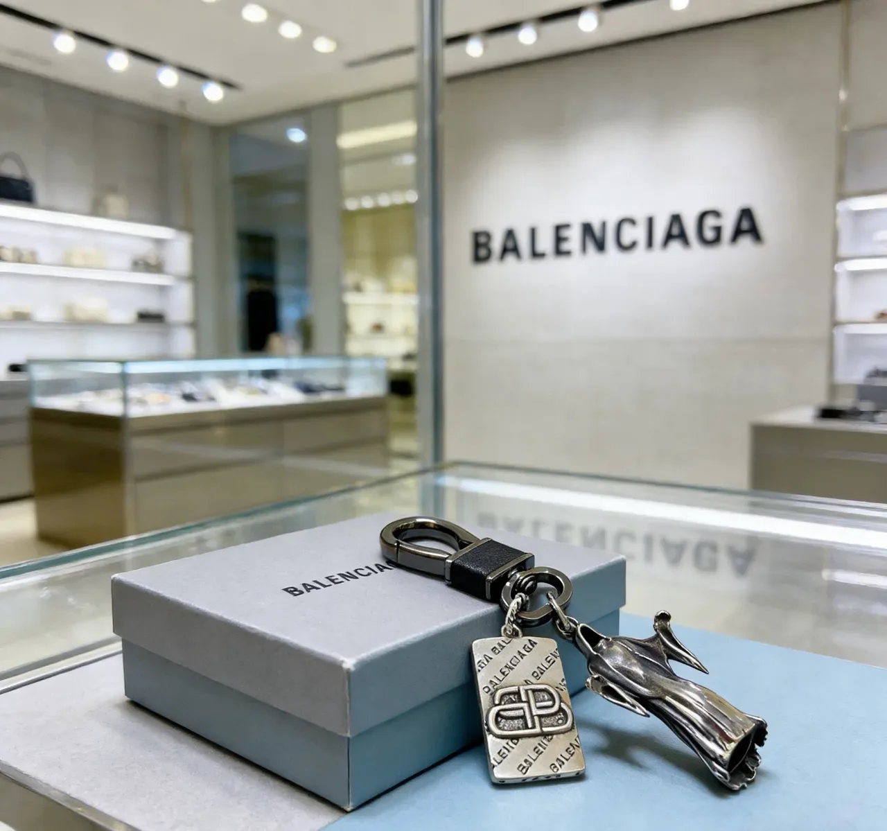 Balenciaga Sculptural Hand and BB Logo Keychain Silver Black Charm Engraved Tag Jewelry 3