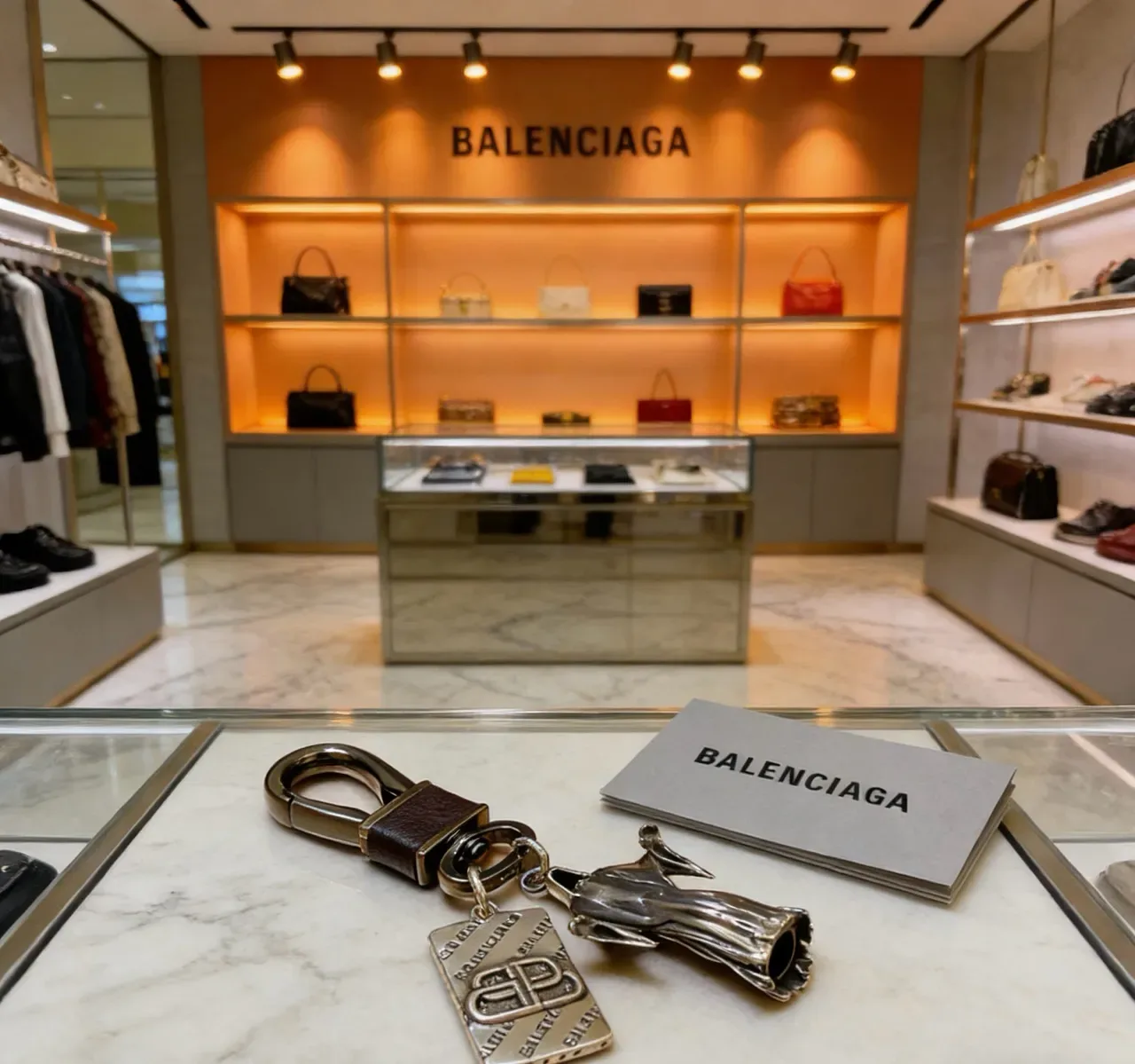 Balenciaga Sculptural Hand and BB Logo Keychain Silver Black Charm Engraved Tag Jewelry 4