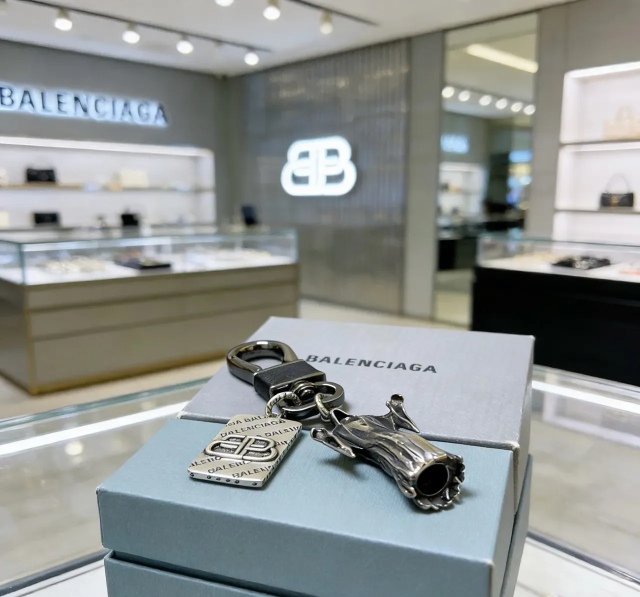 Balenciaga Sculptural Hand and BB Logo Keychain Silver Black Charm Engraved Tag Jewelry 5