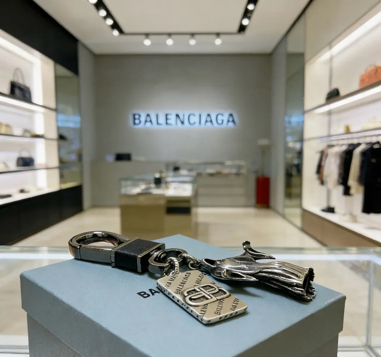 Balenciaga Sculptural Hand and BB Logo Keychain Silver Black Charm Engraved Tag Jewelry 6