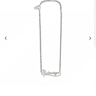Balenciaga Silver Cursive Script Pendant Fine Curb Chain Necklace