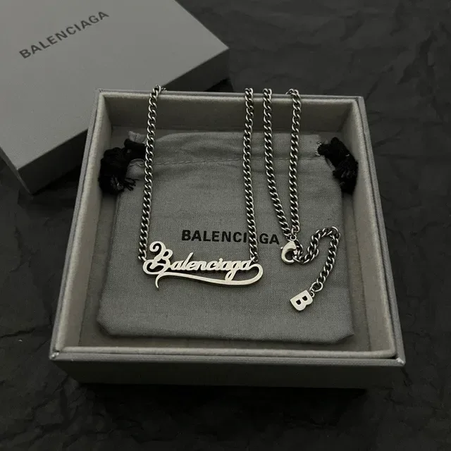 Balenciaga Silver Cursive Script Pendant Fine Curb Chain Necklace 3