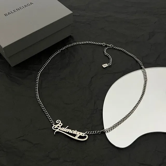 Balenciaga Silver Cursive Script Pendant Fine Curb Chain Necklace 4