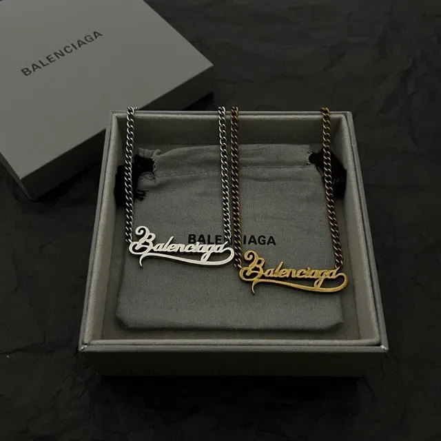 Balenciaga Silver Cursive Script Pendant Fine Curb Chain Necklace 5
