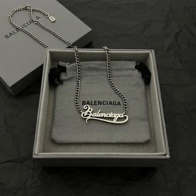 Balenciaga Silver Cursive Script Pendant Fine Curb Chain Necklace 6